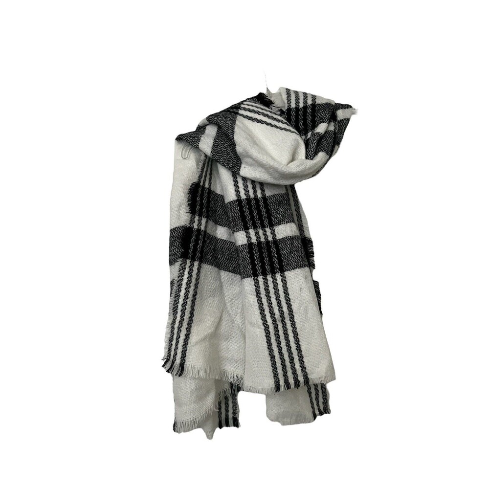Merona Women's Scarf Oversized Wrap Shawl White Black Plaid Woven Fringe 77 x 28